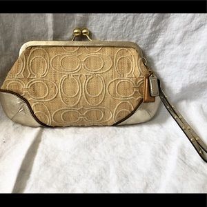 Coach natural signature kisslock wristlet clutch